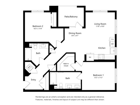 Floor plan for 2 beds, 2 baths, 1121 sqft